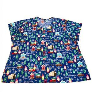 Blue Gnome Winter Wonderland Holiday Plus Sz 5XL Scrub Shirt Nurse Vet Xray